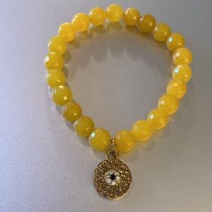 Stretch Citrine Faceted Ball Bead Bracelet with Hanging Evil Eye Crystal Charm